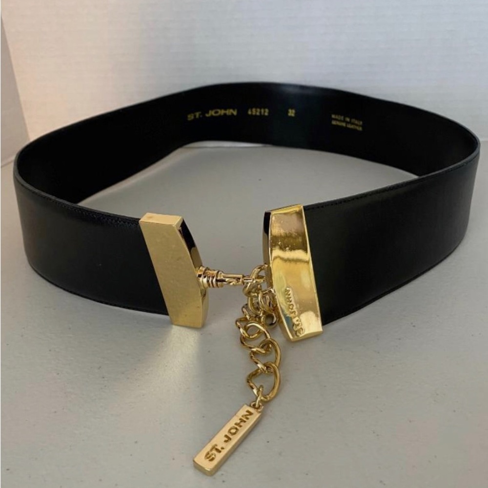 Gorgeous St. John Black Leather Belt 28 Chain Closure Brass 45212 Made Italy